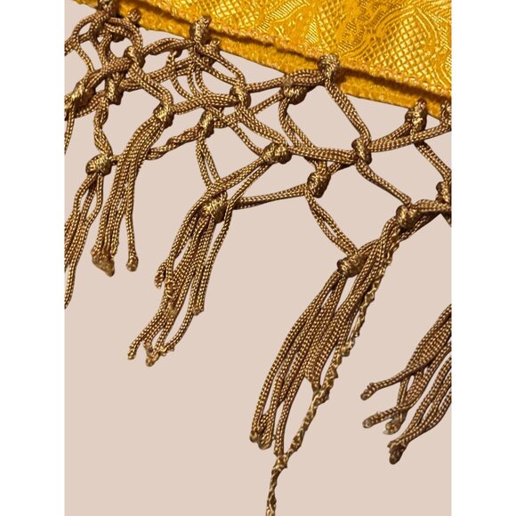 Vintage Gold Jacquard Scarf With Fringe Tassels 22" X 60" - Picture 5 of 6